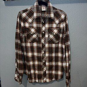 TRUE RELIGION Western Snap Front Horseshoe Pocket Plaid Flannel Shirt Men's  S